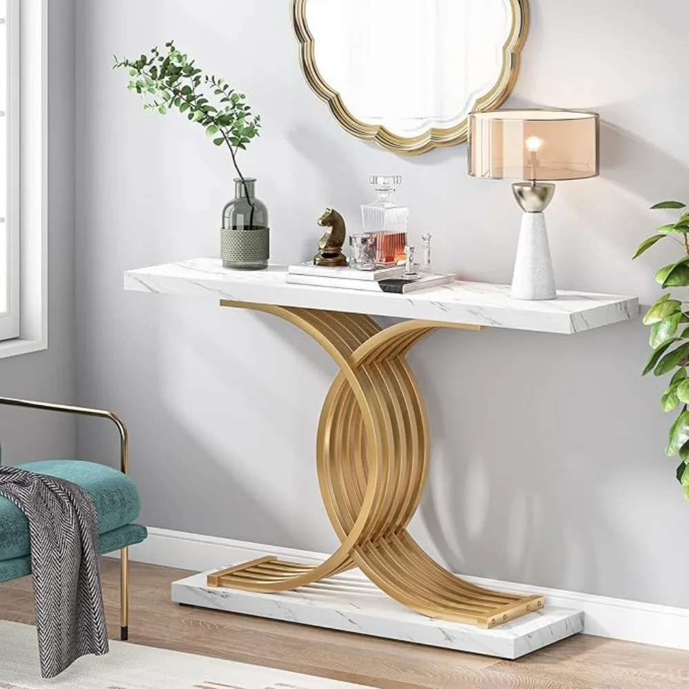 Gold Entryway Table, Modern 39-Inch Console/Accent Table with Geometric Metal Legs, Foyer Table for Entrance, Living Room Table