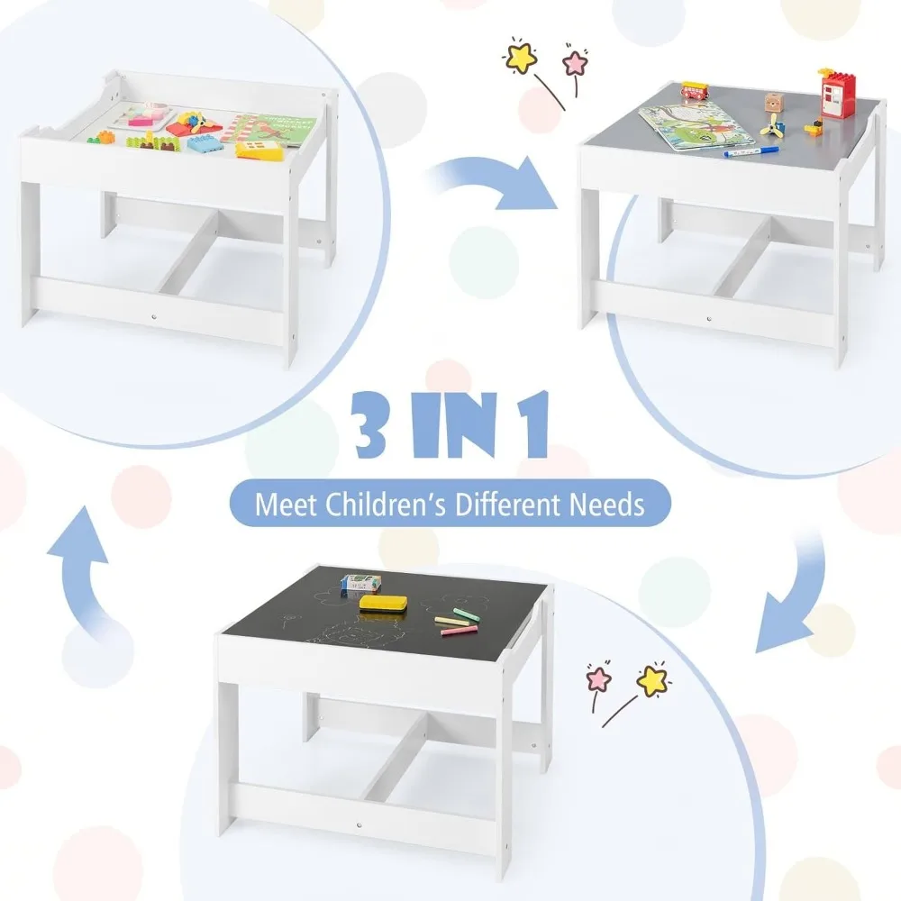 3-in-1 Children Wooden Activity Table and 2 Chairs for Art Craft, Storage Drawer&Box, 3-Piece Toddler Furniture Set