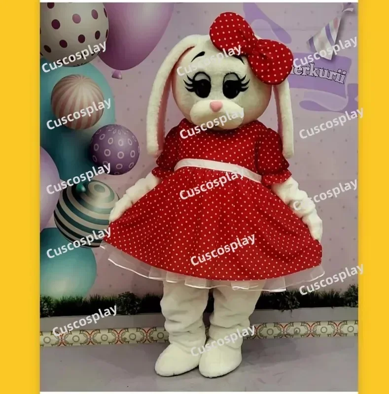 

Red Dots Dress Easter Bunny White Rabbit Mascot Costume Character Amusement Parkfunfair Animation Fancy Dress Halloween Party