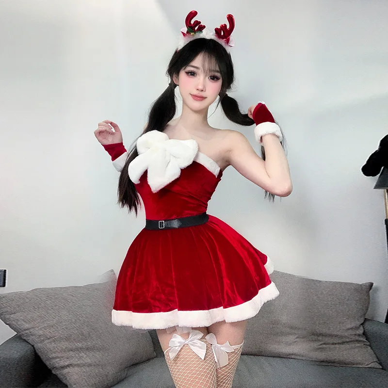 Świąteczna pluszowa aksamitna sukienka z dużą kokardą Xmas Santa Claus Uniform Cosplay Costume Cute Sweet New Year Nightdress Outfits Halloween