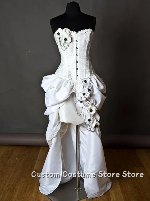 ที่กําหนดเองสีขาวรัดตัว Vintage งานแต่งงาน Victorian Heavy Appliqué ลูกปัดโลหะตกแต่งด้านหน้าสั้นชุดเจ้าสาว Bundle