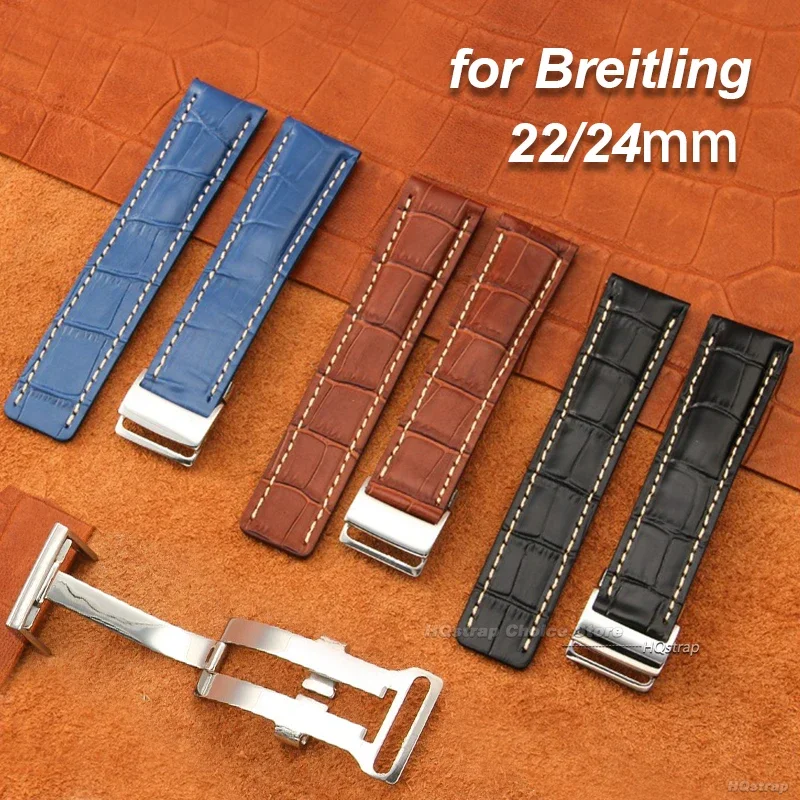 22mm 24mm Cowhide Watchband for Breitling Genuine Leather Wristband Soft Waterproof Bracelet Folding Buckle Replacement Strap