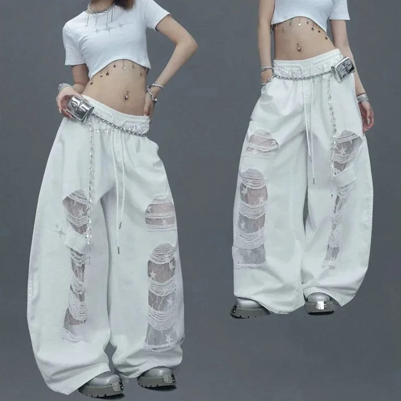 Street White Patchwork Ripped Pants Hiphop Lace Hollow Out Sheer Wide Leg Pants American Vintage Loose Casual Lazy Jazz Trousers