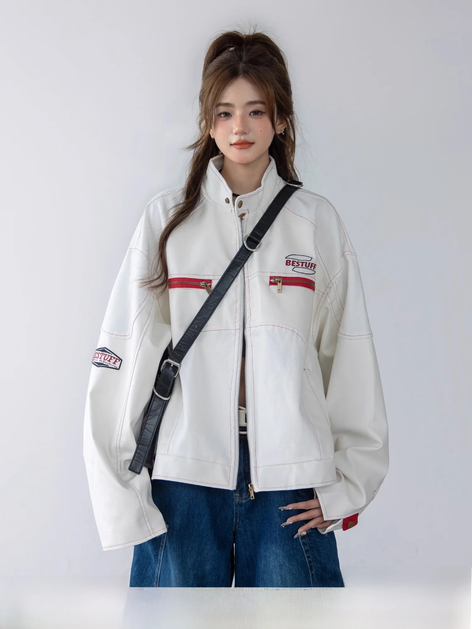 

Кожаное джинсовое джинсовое пальто в стиле ретро в стиле пэчворк, женское мотоциклетное пальто свободного кроя, осенне-зимнее пальто