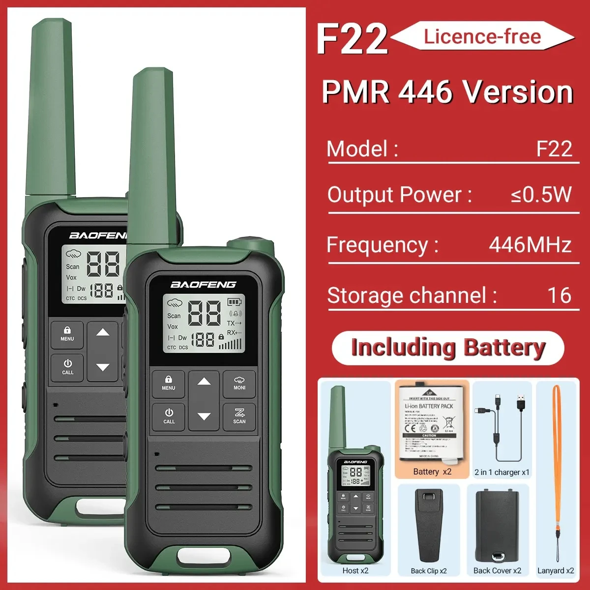 2PCS Baofeng F22 PMR 446MHz Mini Walkie Talkie Waterdicht Type-C Licentievrij NOAA Zaklamp Draagbare tweewegradio voor de jacht