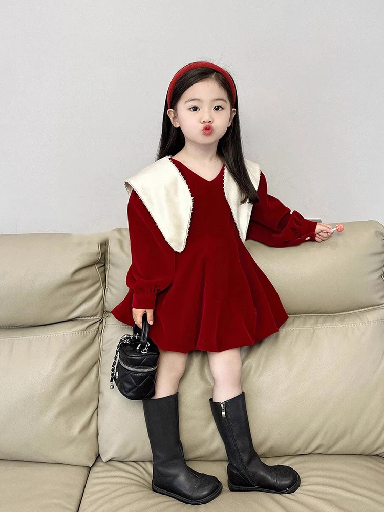 Childrens Clothing Girl Plush Velvet Dress 2023 Winter New Childrens Christmas Dress Baby Flower Bud Skirt