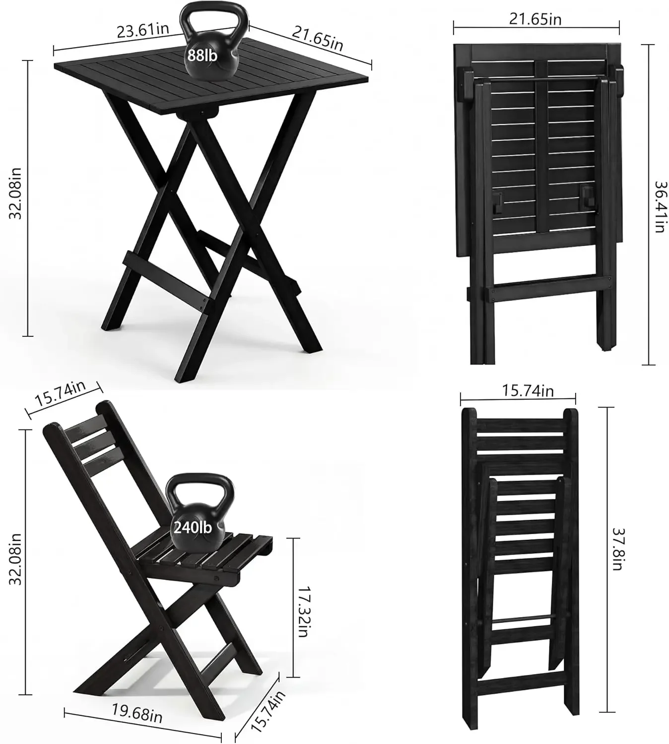 Acacia Wood Bistro Set Three Piece Outdoor Patio Table Chairs Folding Furniture For Balcony Backyard Porch Campsite Supports 240