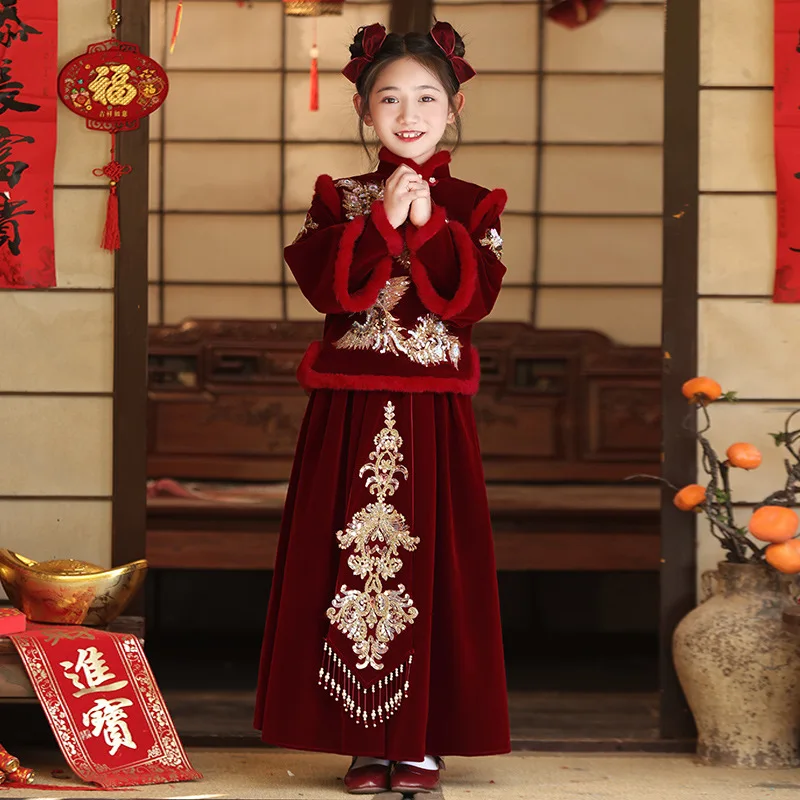 Retro Kids Hanfu Dress 2024 New Elegant Girls Chinese Festive New Year Clothes Perform Costume Children Christmas Birthday Gift