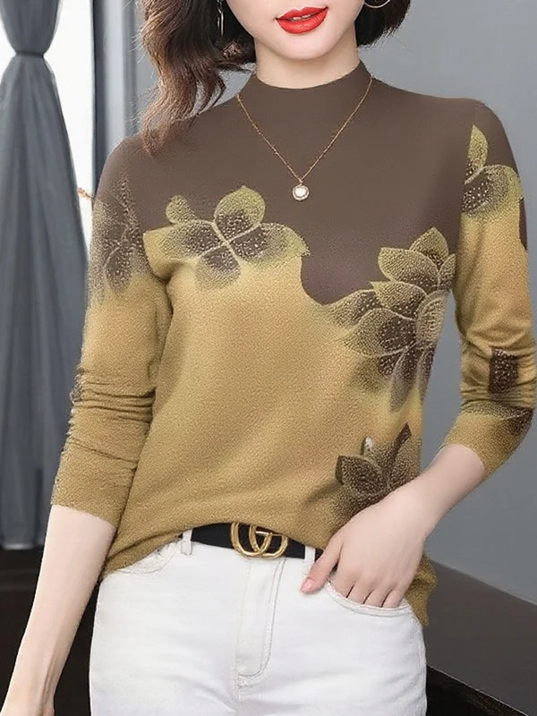 

Элегантная женская утепленная блузка с длинным рукавом и принтом, с воротником-стойкой, больших размеров, для женщин среднего и старшего возраста