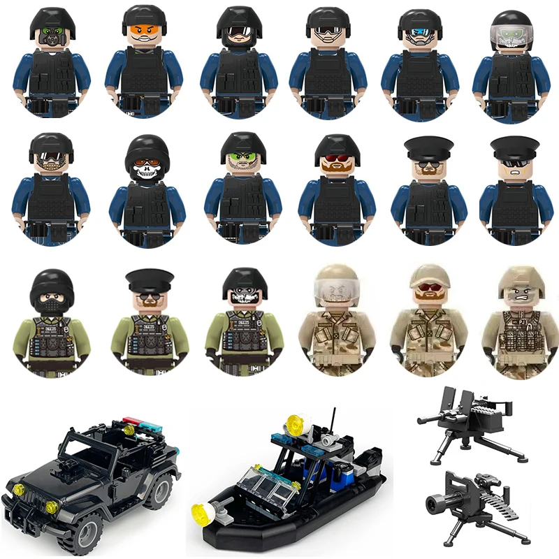 

Special Forces Soldiers Police Guns Building Blocks Jeeps Camion Military Speedboat Armored Car Army Figures Weapons Toys