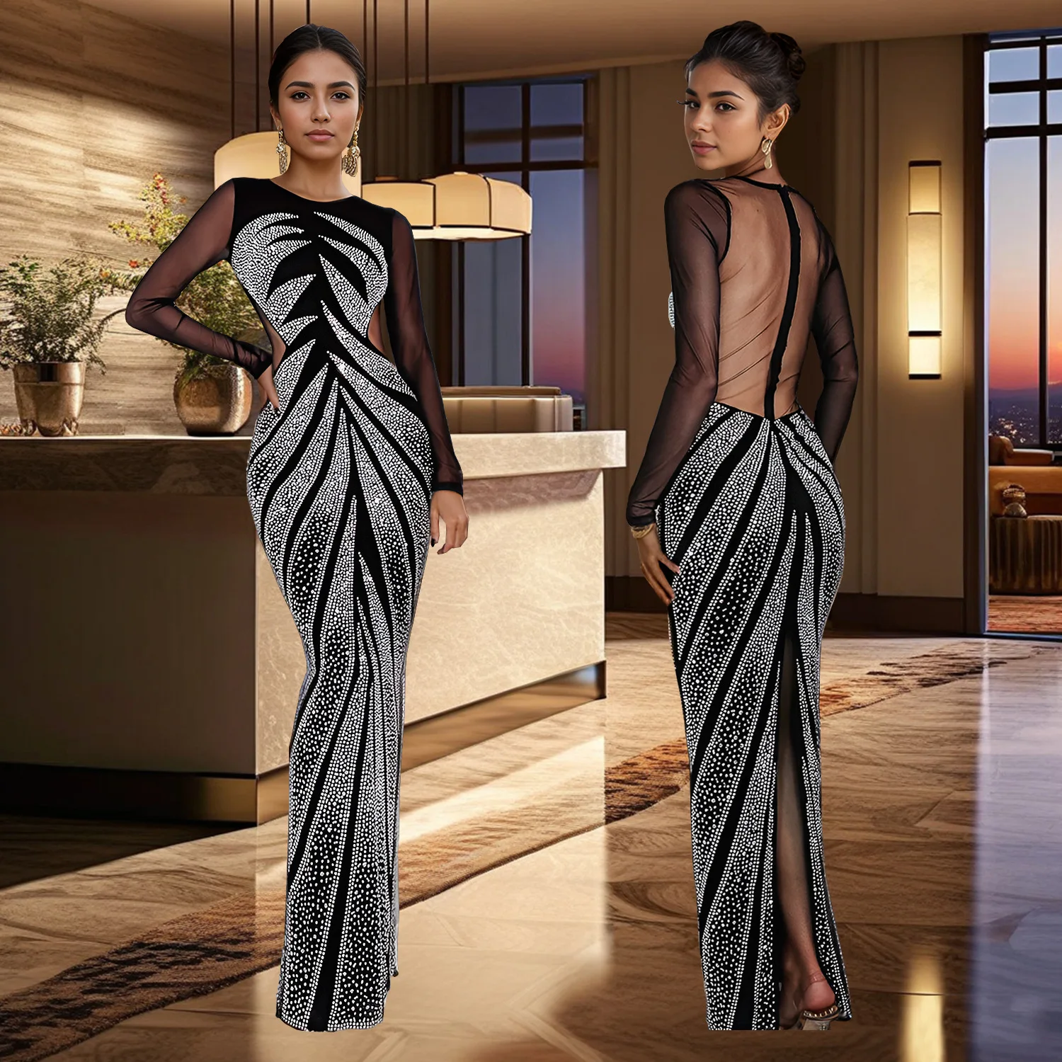 Black Mesh Long Sleeved Midi Dresses Sexy High Slit Evening Long Kirt Solid Color Hot Diamond Elegant Party Dresses Woman 2024