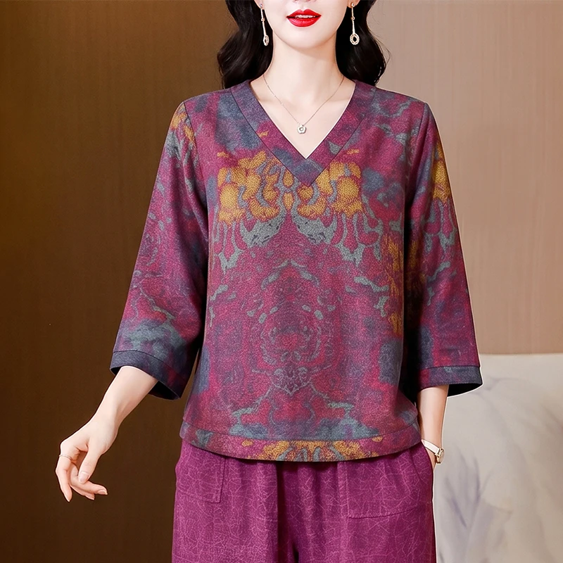

Loose Women's Shirt V-Neck Short Sleeve Floral Print Anti-Aging Summer 2026 Commute Style Artistic Fit Lightweight