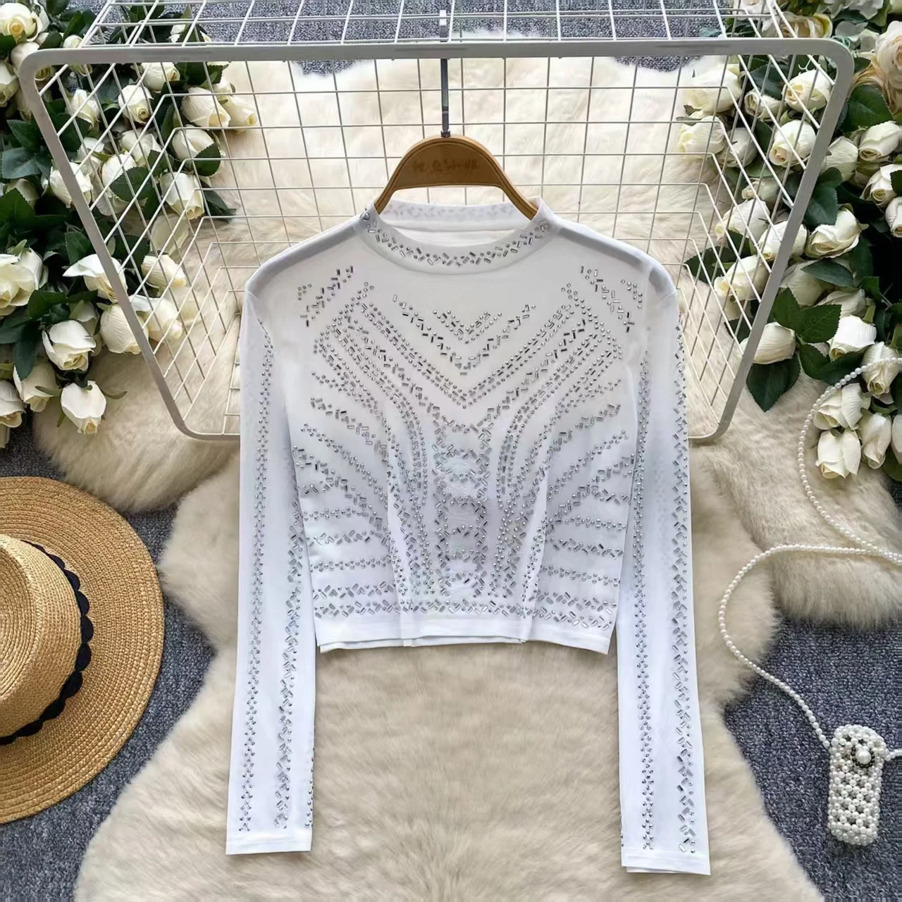 Slim Fit Rhinestone Long Sleeve Mesh T-Shirt Women's European And American Fashion Autumn Wear 2026 New Top