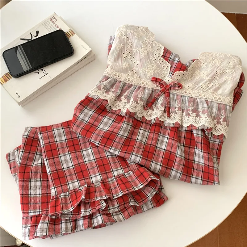 Loose Casual Couple Pajamas Sweet Lace Vintage Red Plaid  Thick  Nightwear Autumn Winter Princess Style Christmas Homewear D711