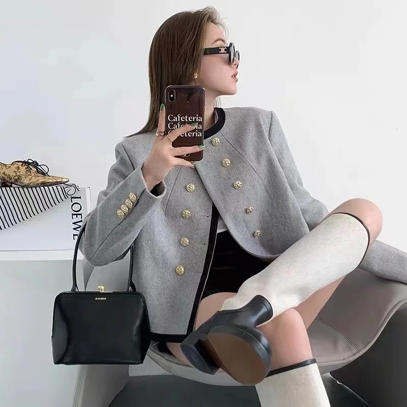 Women's Tweed Short Jacket Classic Black Trim Blazer with Gold Buttons Elegant Coat for Dating Office