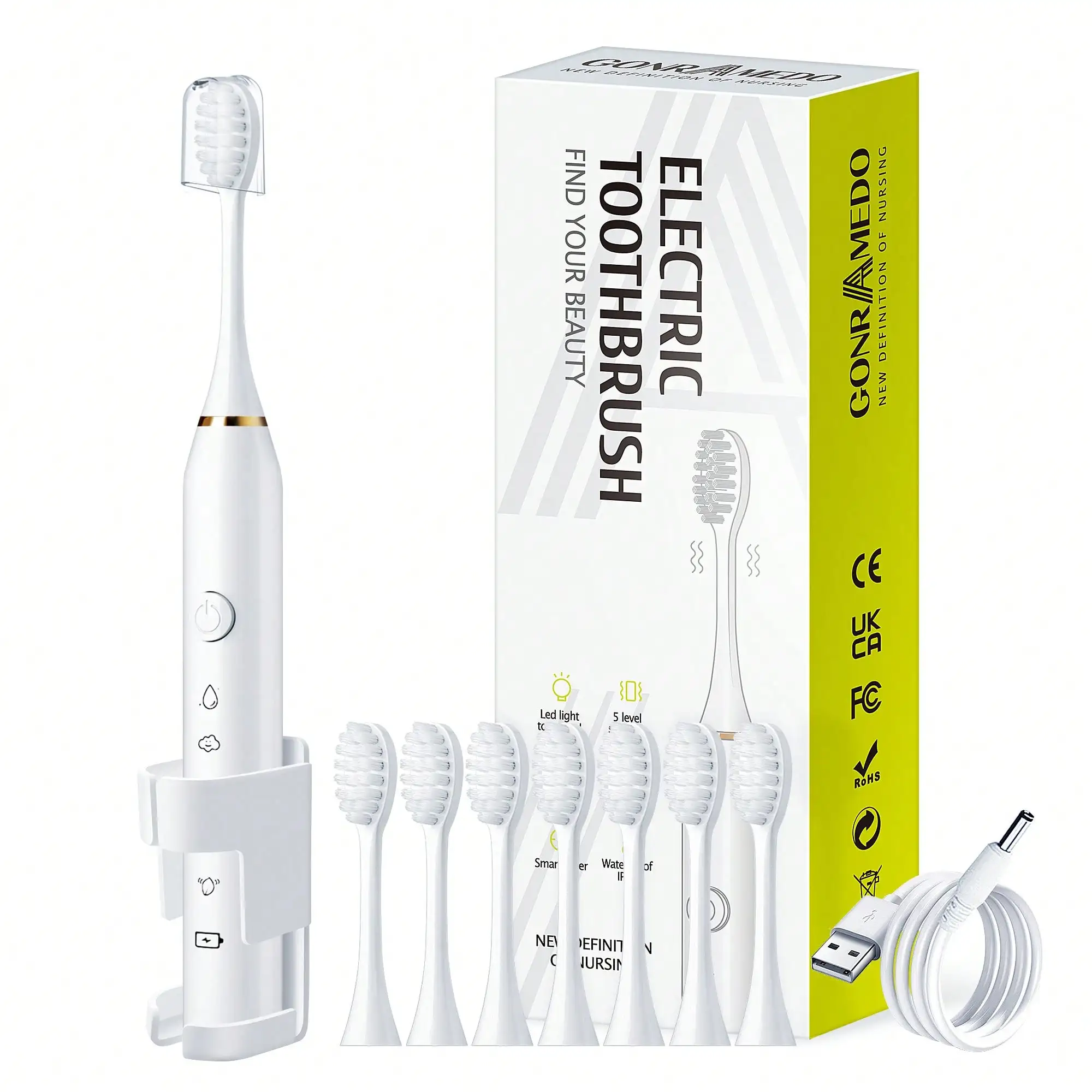 1PC Electric Toothbrush With 8 Replaceable Toothbrush Heads, A Wall-Mounted Bracket And A Dust Cover, USB Charging, 5-Speed Intelligent Cleaning Mode, Toothbrush Body, 7-Level Waterproof, Personal Oral Care Equipment Power Toothbrush, Suitable For Travel,