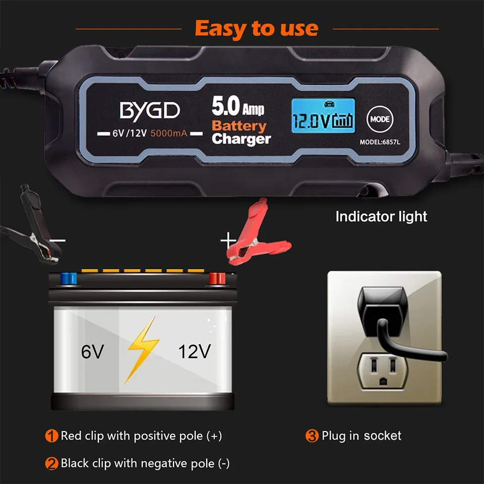 BYGD 6V/12V 5000mA Car Battery Charger Maintainer Smart Charger Car Trickle Charger for All Types Lead Acid Batteries