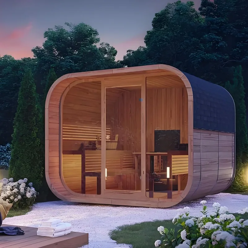 Panoramic glass window view outdoor sauna electric stove solid hemlock wood villa garden sauna