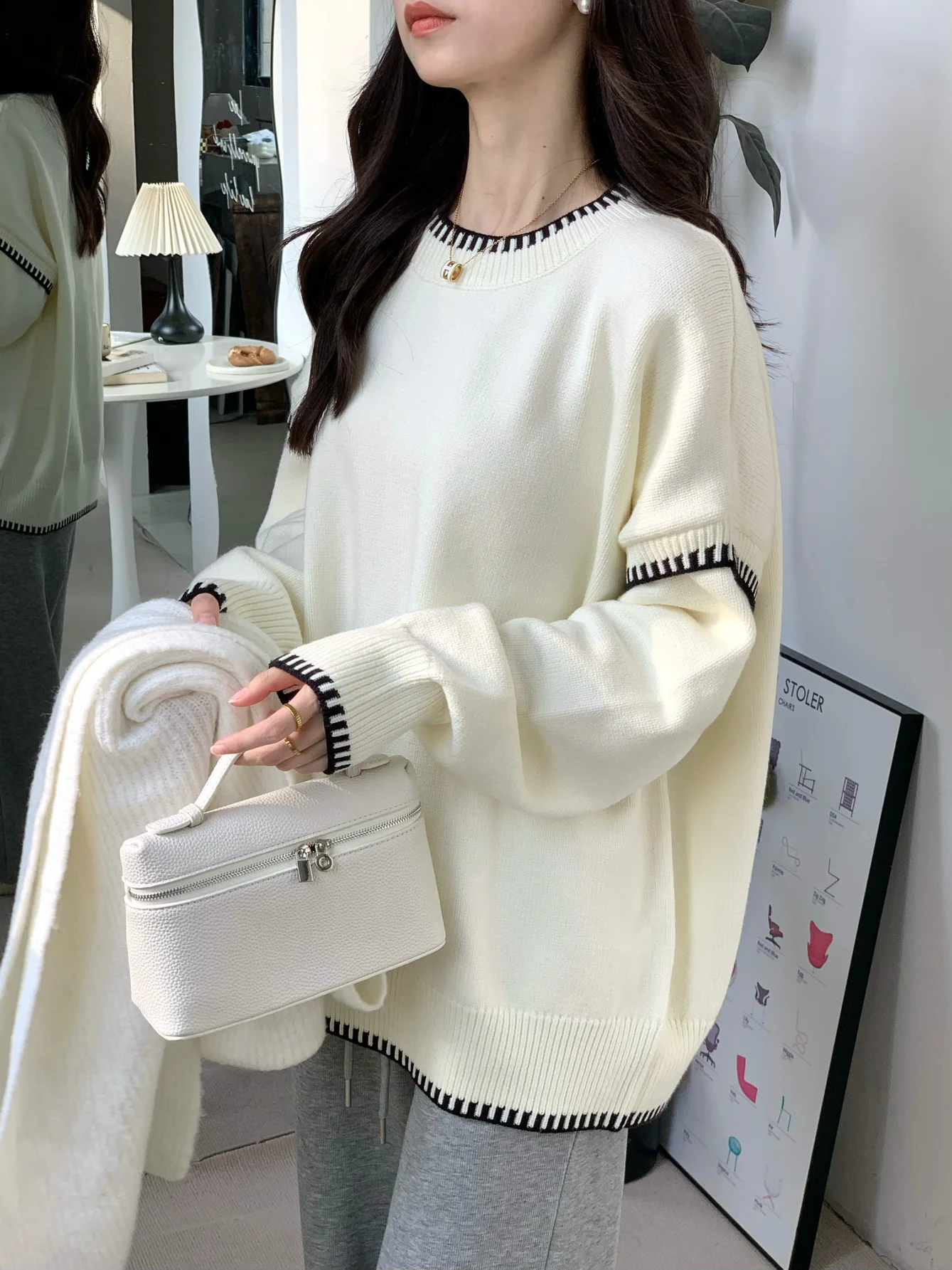

Loose Women's Knitted Sweater round Ne Overhead Embroidery Color Blo High Quali Soft Comfortable Warm Winter Faion