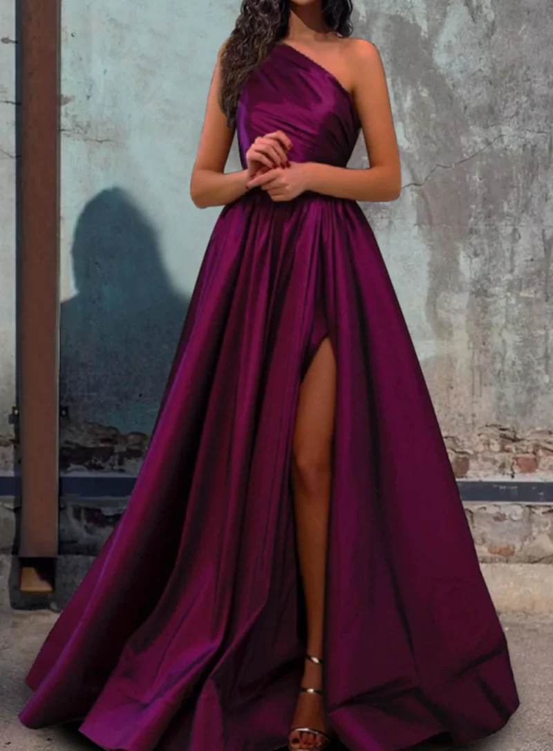 Elegant Ball Gown A-Line Chrismas Dress Evening  Dress Wedding Guest Engagement Floor Length Sleeveless One Shoulder Satin