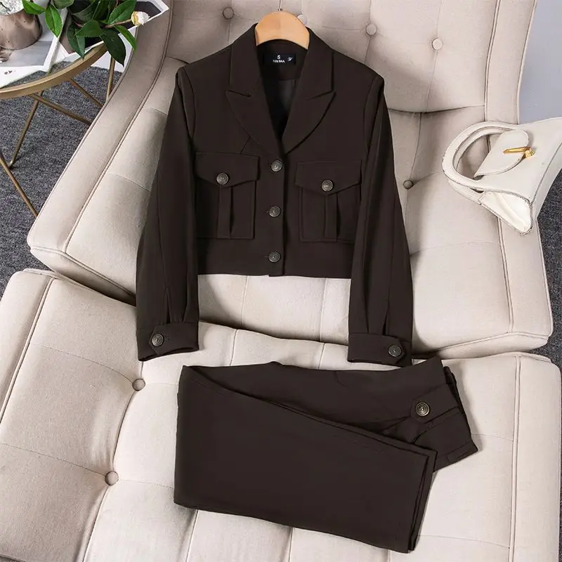 Spring Autumn Black Blazer + Wide Leg Pants Suit Women Fashion Long Sleeve Jackets Korean Straight Pants Two Piece Set Women