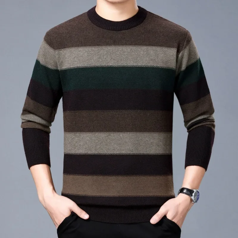 Men's Autumn and Winter Knit Sweater Fashion Match Color Stripe Round Neck Pullover Young Men Loose Sweater