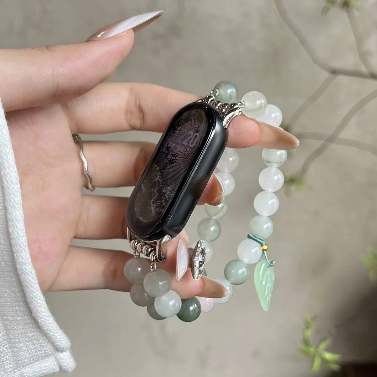 Double‑Loop Natural Stone Watch Band for IWatch Apple Watch 11 9 38 40 45 41 49 42 44 46mm Green Leaf Jade Beaded Bracelet Strap