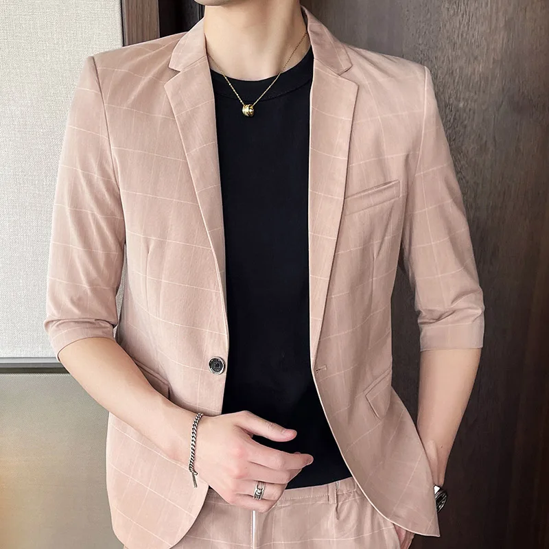 

Men's Spring Summer Half Sleeve Suit Set Thin Slim Fit Two-Piece Blazer & Pants Business Casual Outfits