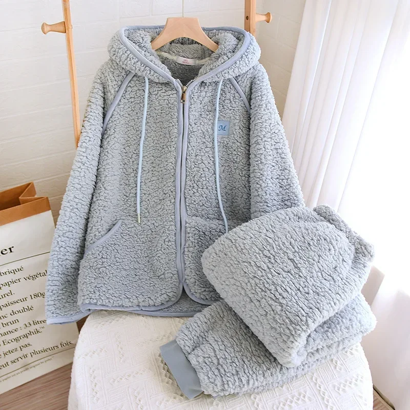 Thick Fluffy New Couple's Pajama Hooded Zipper Sleeping Sleepwear Winter Underwear Set Nightie Warm Pajamas Pyjamas Women