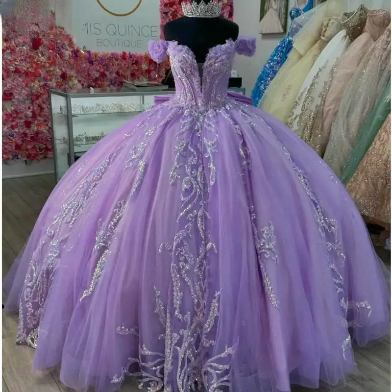 

Lilac Sequined Appliques Lace Quinceanera Dresses Ball Gown Off The Shoulder Customized Corset Vestidos De XV Anos