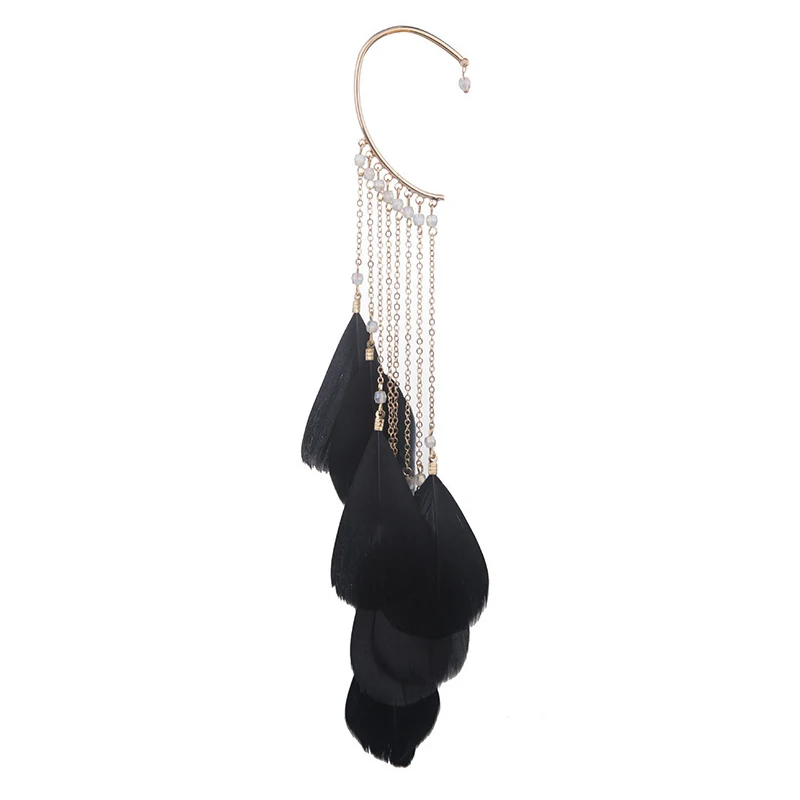 1PC Unusual Bohemian Long Feather Cuff Clip On Earrings For Women Beads Chain Handmade Big Dangling Ear Cuffs Earrings Jewerly view 4