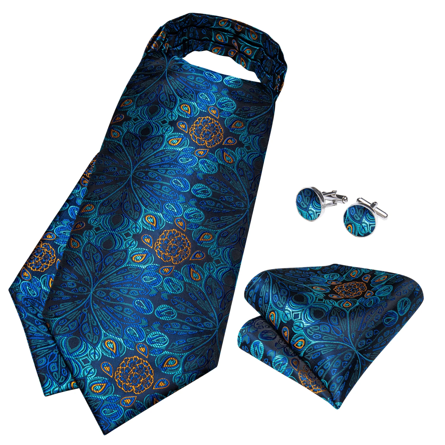 Men Luxury Ascot Tie Set Silk Paisley Cravat Wedding Party Exquisite Scarf Ties Sets Handkerchief Necktie Cufflinks Ring DiBanGu