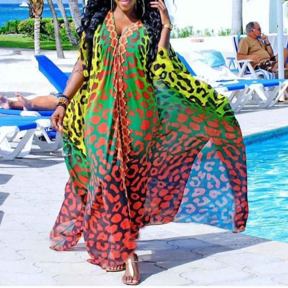 Swimming Cover Up For Ladies Saida De Praia Beach Outing 2025 African Summer Ins Chiffon Elegant V Neck Single Breasted Dress