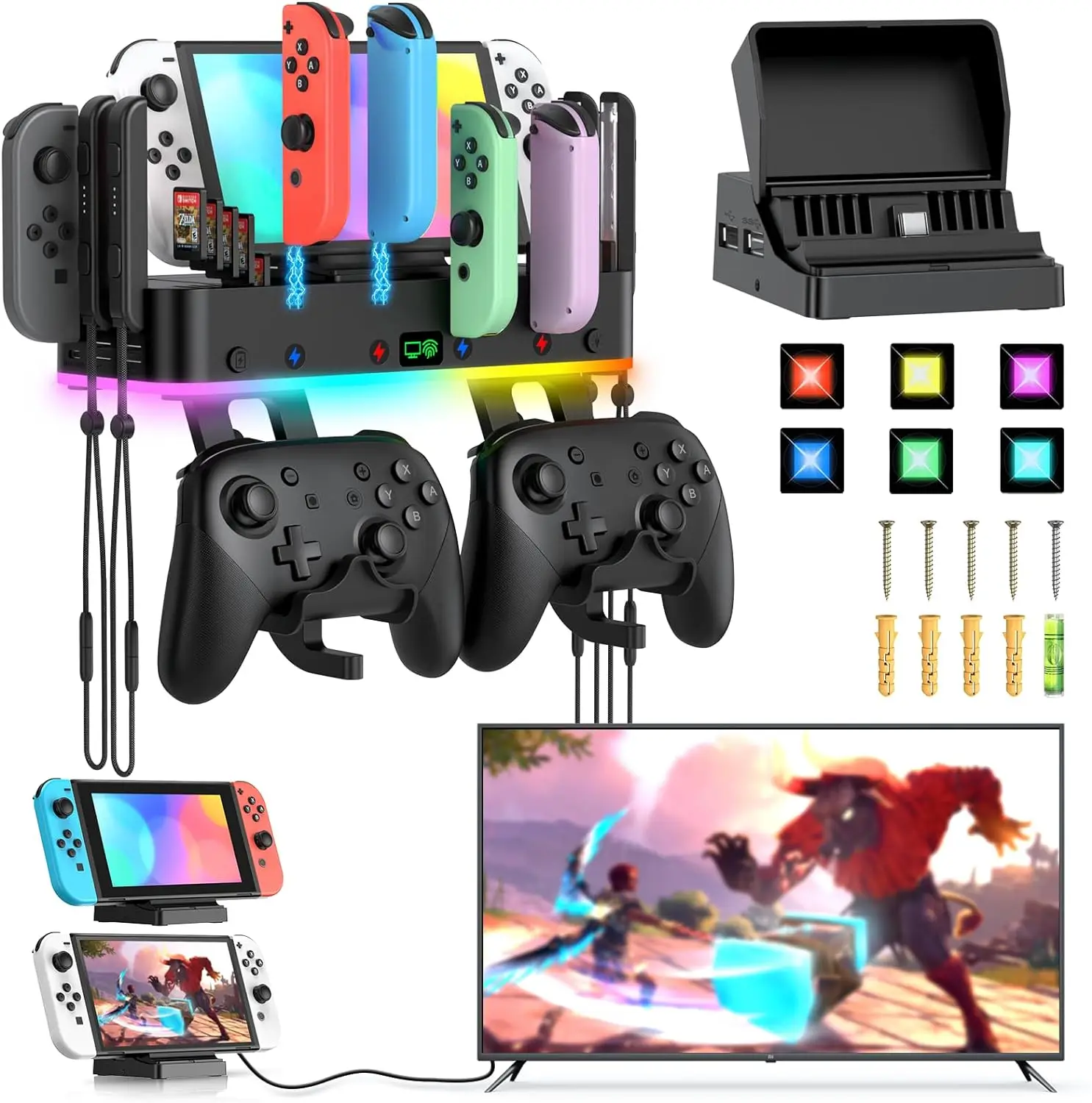 IPEGA RGB Switch TV Docking Station & Wall Mount for Switch/OLED & Joycon, Controller Charging Dock Base with 15 Light Mode