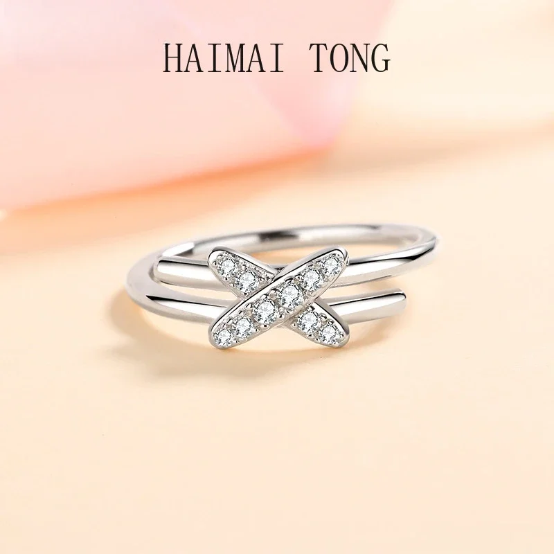 

HAIMAITONG New PT950 platinum ring for women moissanite Diamond cross ring gift
