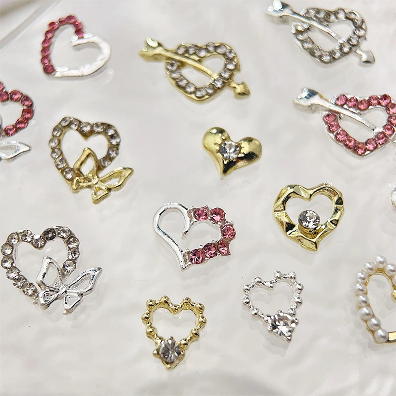 10pcs Heart Alloy Nail Art Charm 3D Sailor Metal Diamond Pearl Hollow Heart Love Nail Jewelry Luxury Nail Accessories