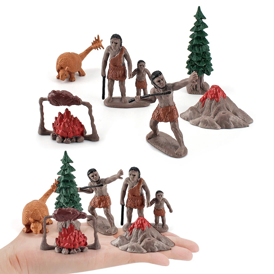 Realistic Prehistoric Life Scene Figures Caveman Cavewoman Family Primitive Animal Models Figurines Educational Toy For Kid Gift