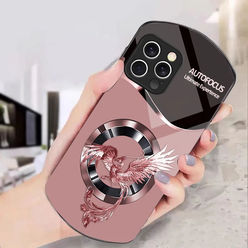 Circle Phoenix Gold Iphone 11 12 13 14 15 16 Pro Max Plus Mini 7 8 Se 2020 X Xs Xr Elliptical Tempered Glass Phone Case