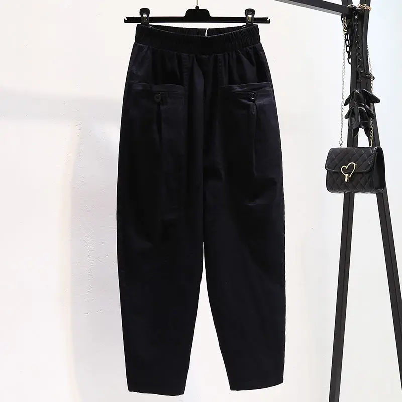 2024 Style Summer Casual Women's Fashion Solid Color Pockets Elastic Waist High Waist Loose Straight Haren Ankle Length Pants