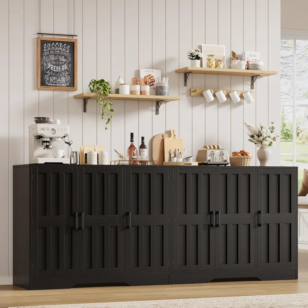 Large Modern Farmhouse Buffet with 85-Inch Sideboard and 6 Barn-Style Doors for Storage and Wine Display