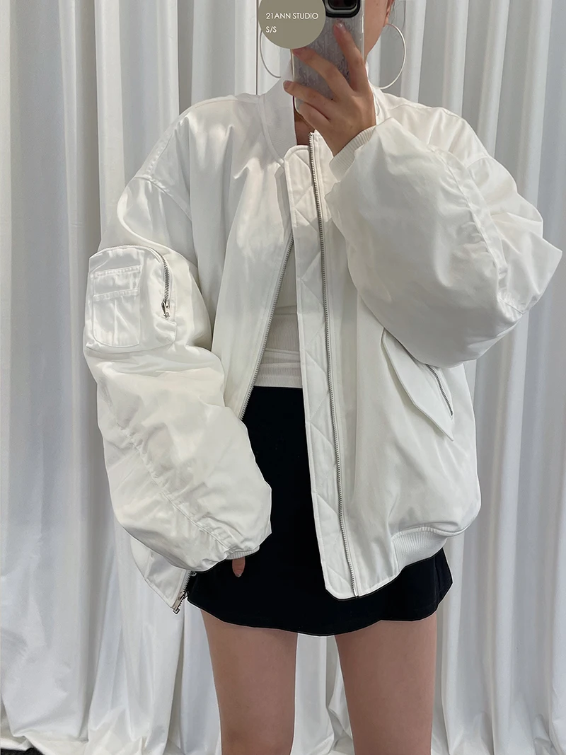 Blouson Bombardier Blanc à Col Rond et Manches sulfpour Femme, Manteau Ample avec Poches, Ourlet à Paillettes, Nouvelle Collection Automne