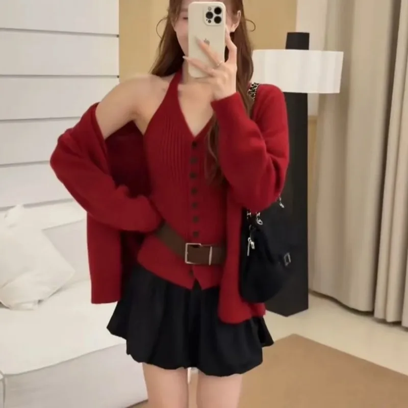 

Женская одежда, осенне-зимняя мода, простота, однотонный вязаный комплект с v-образным вырезом, женский универсальный комплект из двух предметов с лямкой на шее, топ