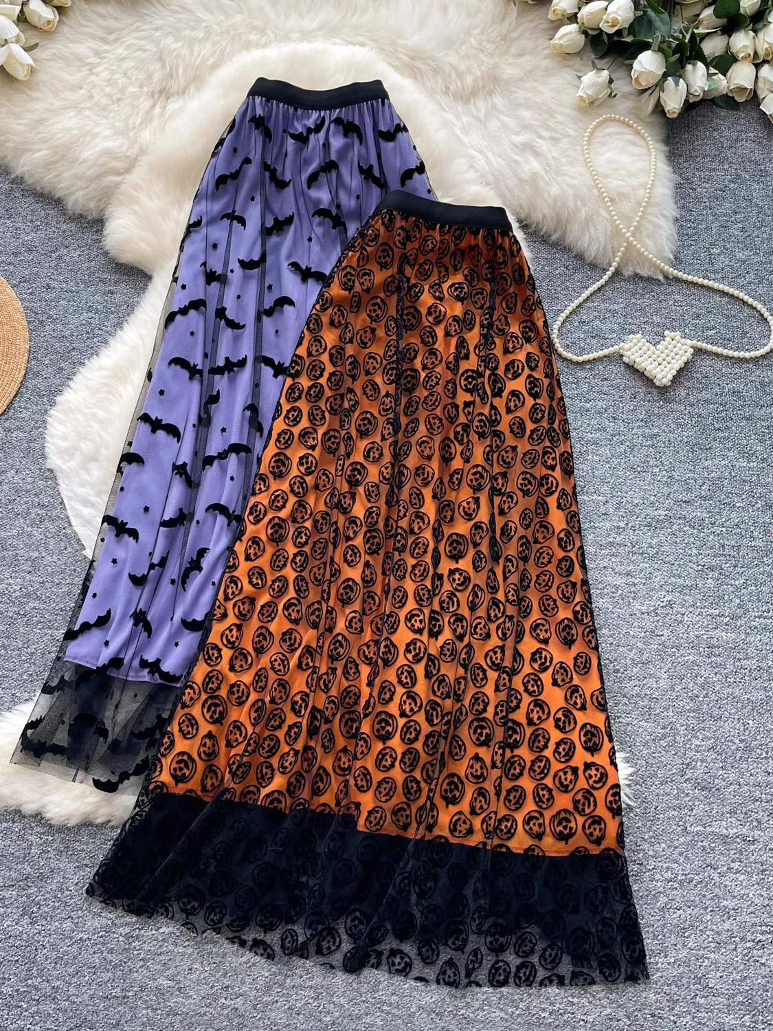 Women's Orange Mesh Patchwork Midi Skirt Vintage Y2K Gyaru A-Line Skirt Fashion Korean Style Elegant Long Skirt for Women Summer