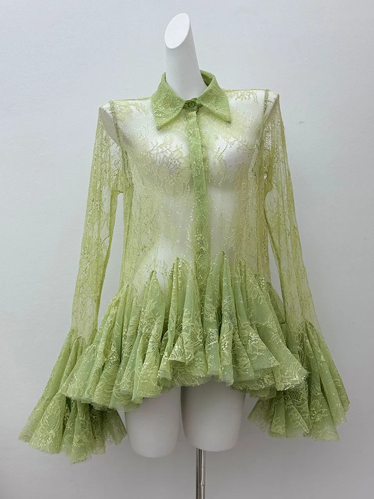 Sexy doorzichtige kant patchwork lovertjes uitlopende mouwen shirt 2025, herfst damesmode meerlaagse gegolfde losse jurk
