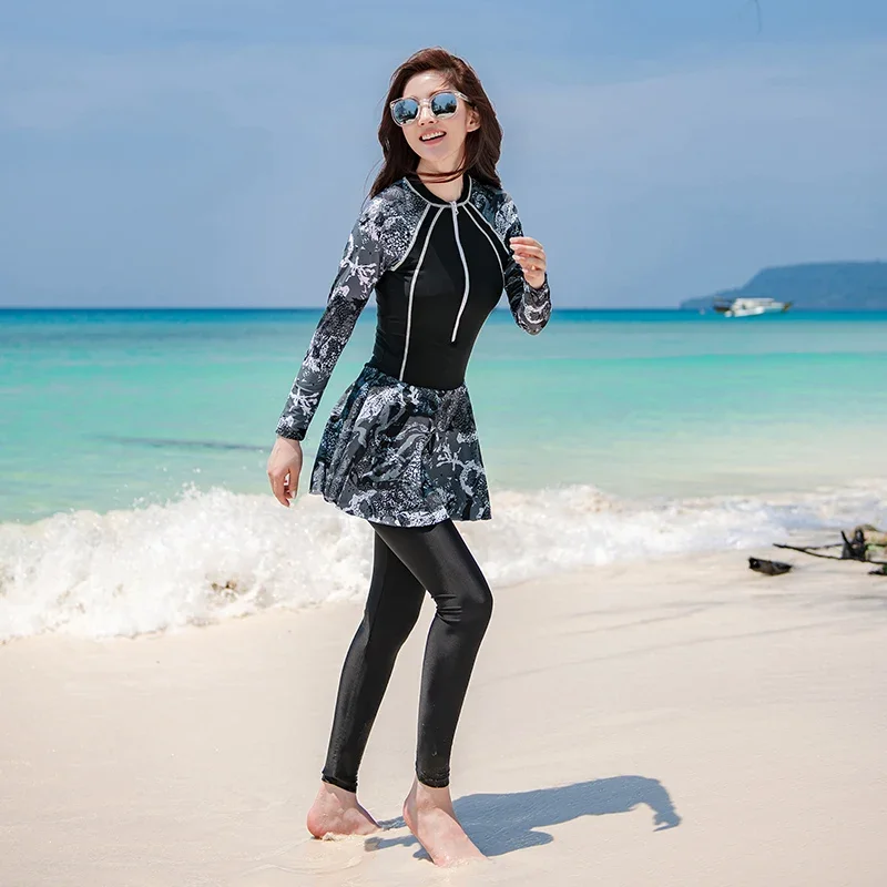 One-Piece Rash Guards 2024 Women with Long Pants Patchwork Long Sleeve O Neck Swimsuit Zipper Skited Swimwear Beachwear Wetsuit