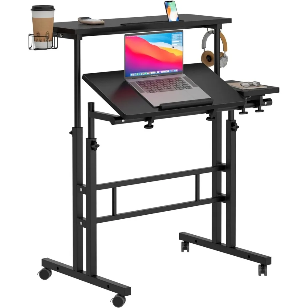 

Rolling Mobile Desk with Cup Holder,Mobile Rolling Standing Desk, Adjustable Height Small Stand up Desk on Wheels