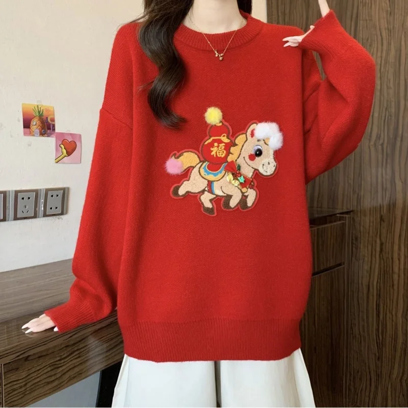 New Year's Christmas red heavy embroidery pony sweater women's winter new style good-looking, lazy and slimming top