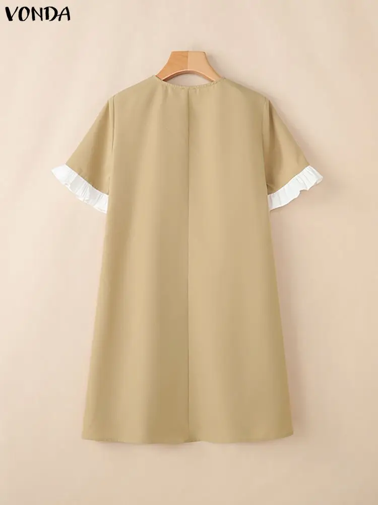 VONDA 우아한 솔리드 드레스 여성 여름 Sundress 패치 워크 패션 짧은 소매 v 넥 프릴 캐주얼 루즈 파티 베스 티드 로브