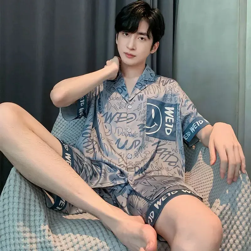 

2PCS/Set Men Pajamas Plus Size Short-Sleeved Shorts Casual Buttons Student Teenage Homewear Letters Three-Dimensional Bear Cardi