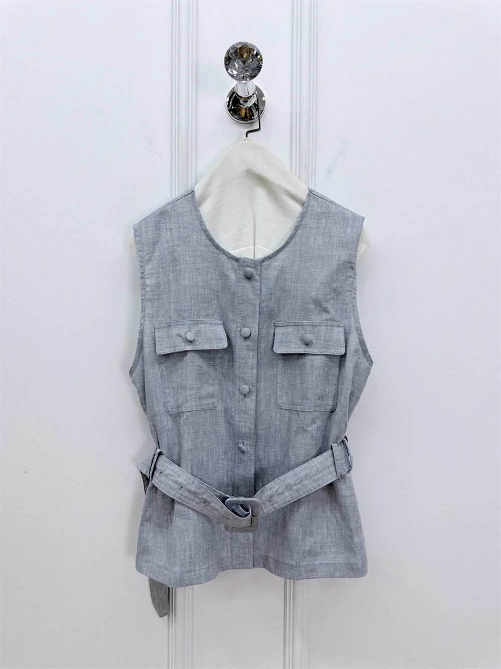 Summer Thin 2 Piece Set Single-Breasted Silver-Threaded 100 Linen Vest Sleeveless Top And Wide-Leg Pants Suit For Women
